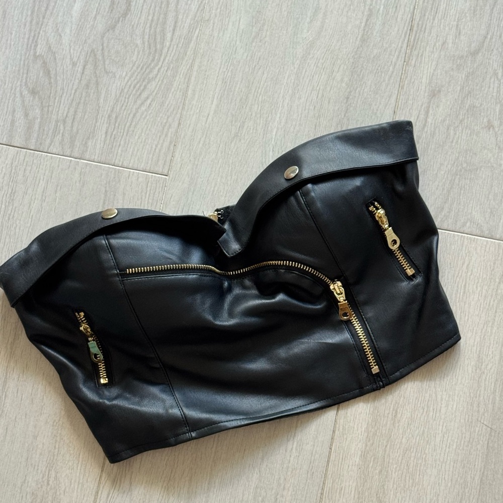 Superdown Black Bustier Crop Top with Gold Zipper